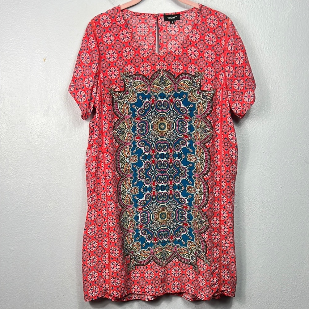 Tolani Silk Floral Print Short Sleeve Mini Dress Small